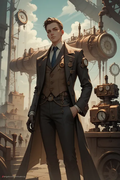 A scene with three characters, one man, one woman and one robot, steampunk, clockwork fantasy, digital painting, concept art, intricately detailed, extremely detailed, ultra high resolution, 8k