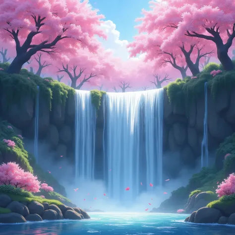 Beautiful cherry blossom garden waterfall , ethereal, Aesthetic ,  Studio Ghibli and Toei style,  popular , The height of the waterfall occupies the screen 2 /3,  The width of the waterfall occupies 1 of the screen/2