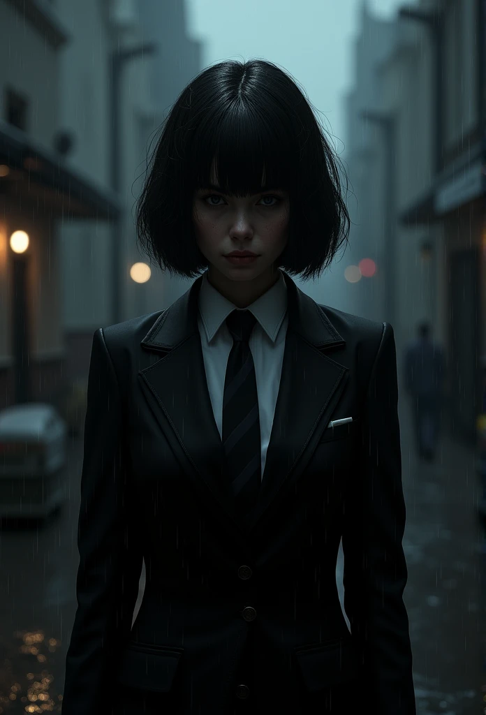 sad mysterious mafia woman in a suit with tie shrouded in darkness, with her face cover by shadows, very short hair smoking in the rain, with no fire. 
