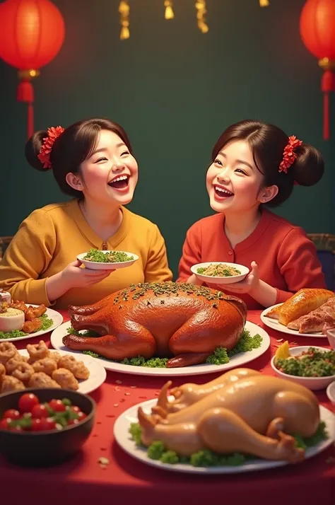 Masterpiece. Virtual reality image. Two fat Asian women are sitting eating food with cheerful laughter. And on the dining table there are many different dishes, pigs, cows, chickens, various sweets.