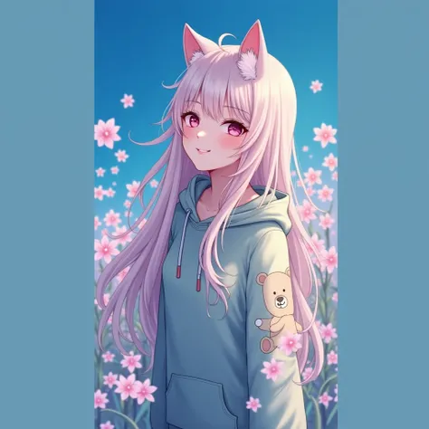 Best Quality, masterpiece,   ultra high resolution ( photorealistic : 1.4),  RAW Photos,  1 girl, Frog Green Hoodie Bear Shoulder, Pink flower field in full bloom,   glowing skin  ,  A faint smile 
long green hair, Wolf Ears, 