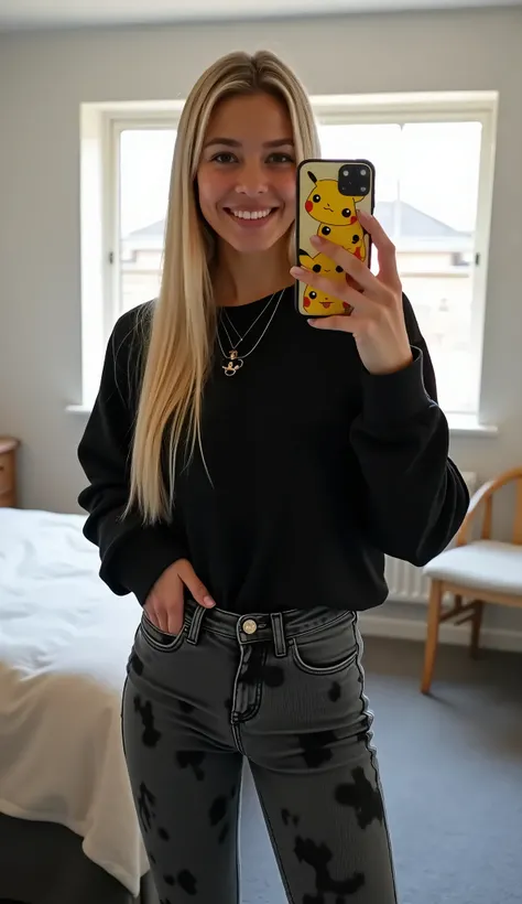 The image shows a young woman with long, straight blonde hair., standing in a room. She is taking a selfie with her mobile phone, which has a case decorated with Pikachu characters. Her hair falls over her shoulders and back., and she looks at the camera w...