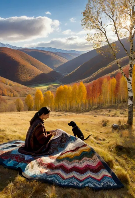 Fusion of art style of Julie Paschkis and tracy miller. Landscape, a wide shot of a woman, balck hair, is sewing a wide patchwork blanket, with irregular triangular wefts with warm colors, brown ochre, red, sitting with her ((brown)) labrador dog, in a cle...