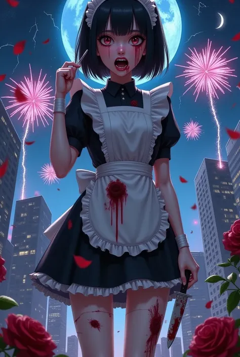 1girl, aerial fireworks, alternate costume, apron, aurora, back bow, bangs, bite mark, black dress, black hair, bleeding, blood,...