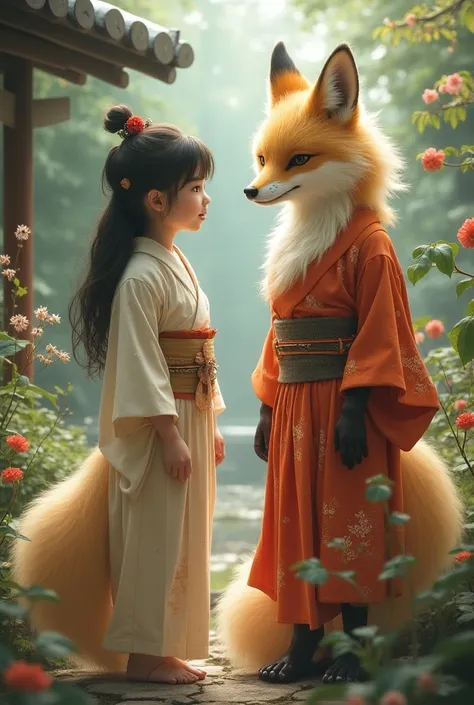 Japanese girl , next to her is a girl who is half a fox and half a man 