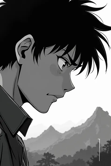 Like manga , black and White 

Close-up of Hiroshis face, showing his worried eyes as he continues to gaze at the mountains.