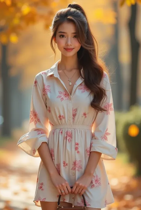 cinematography 1 girl realistically, solo, bag, jewelry, brown_hair, cleavage, , smile, necklace, blurry_background, white shirt dress, with pink flower pattern, blurry, outdoors, handbag, long_hair, realistic, long_sleeves, large breast, cleavage, day, po...