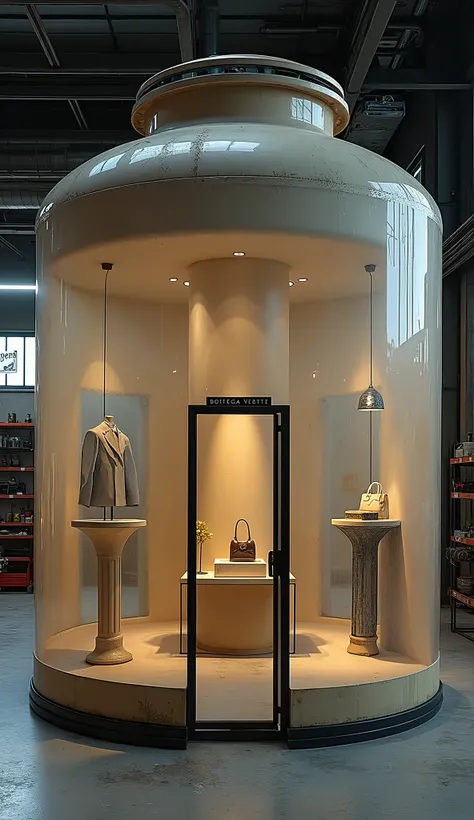 A Bottega Veneta boutique encased inside a large, weathered plastic tank with a rugged, well-worn look, reminiscent of an old, repurposed water tank. The tank’s surface shows scuff marks, scratches, and slight discoloration, giving it a utilitarian, indust...