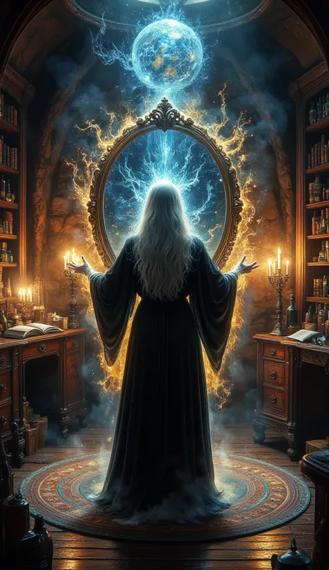 (sfw), fantasy, wide angle shot, black sorcerer, long white hair, goldeb skin, Black robe, opens a magic portal to another world that is built into a large mirror, a human-sized mirror standing on ground, the background is a room in the tower of the  sorce...