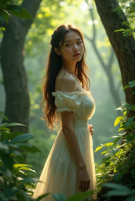 A beautiful girl standing in forest
 realistic image



