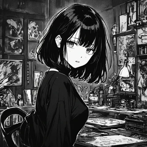 ( best quality, sketch:1.2), Hitoshi Goto,  Hakata rock ,  detailed, HDR:0.75, Illustrator, Japanese cartoon ,  1 girl at home,  detailed lips, black dress,custom, ( background black and white monochrome),neon hair,Texture Clipping, masterpiece , style, Re...