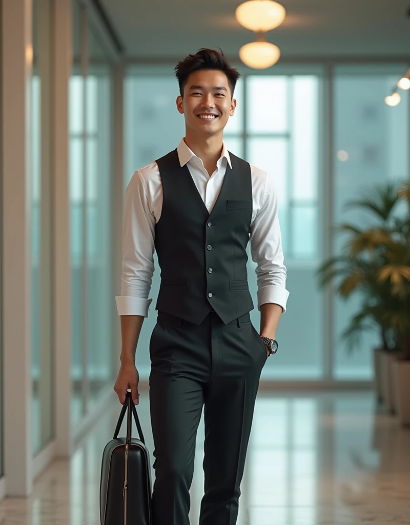 Create an image of an 24-year-old Asian business men, smiling with a cute face. Wearing a slightly revealing vest, wearing high heels, exuding youthfulness and success.