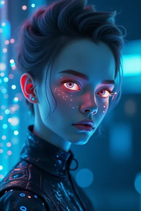 Create an AI-generated profile photo that captures a modern, tech-savvy aesthetic. The person should have a futuristic, digital vibe, with glowing lines or circuits subtly integrated into their face and background. The face can be gender-neutral, with shar...