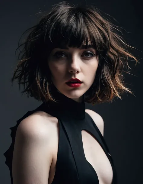 High-resolution editorial photoshoot with a cinematic atmosphere; featuring a provocative, high-fashion photo with an avant-garde aesthetic of a 24 year old girl, with a slender, petite physique, pale skin, dark brown hair messy wavy bob with bangs. Almond...