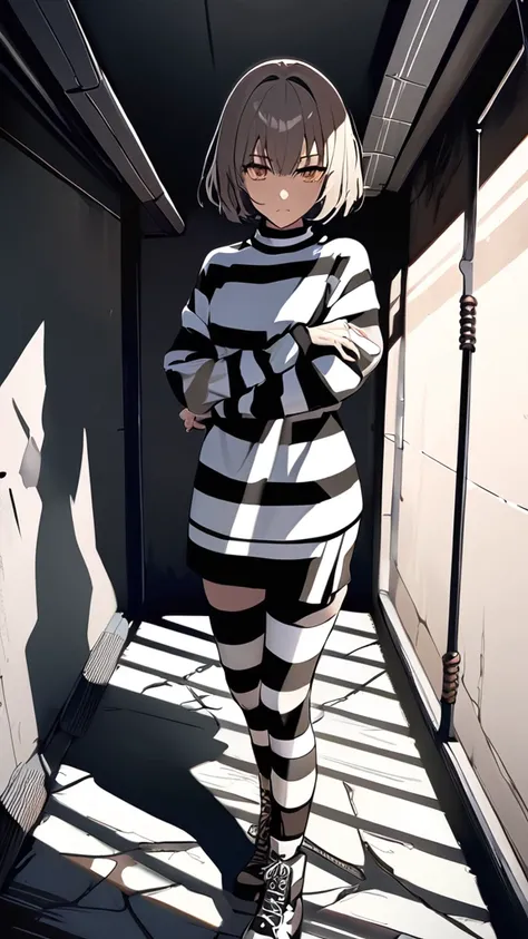 1 girl, (Cold Stare), Short Bob Hair,  striped prisoner uniform , Small breasts, Hard look, 陶器のような肌
break, Calm light, ( tense shadow :1.4),  Harsh Atmosphere ,  Inorganic Hues , break, Prison corridor,  cold concrete wall, Cracked floor, Lonely Serenity ,...