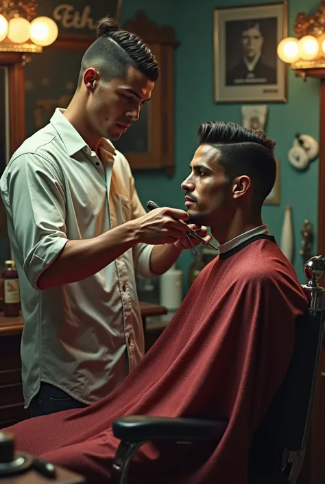 Make cristiano ronaldo real image in his team  dress in barber shop  cutting a customer hair in a classsic barber tools in his hand  expressions on ronaldo and customer face with mirror chair and decore in background 