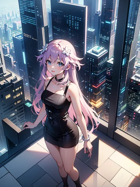  high resolution,  masterpiece ,  The best quality, necessary, HD model,  tall details ,  lyrics,  improvement,  Textured leather, UHD, distant view,  she is from a skyscraper watching the whole city, happy look,  long black dress, from above, from one sid...