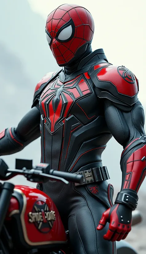 (photorealism:1.2), Spider-Man wearing armor inspired by a motorcycle, featuring sleek, aerodynamic design elements and metallic textures. The costume includes details like exhaust pipes, handlebars, and leather-like accents, evoking the feel of a powerful...