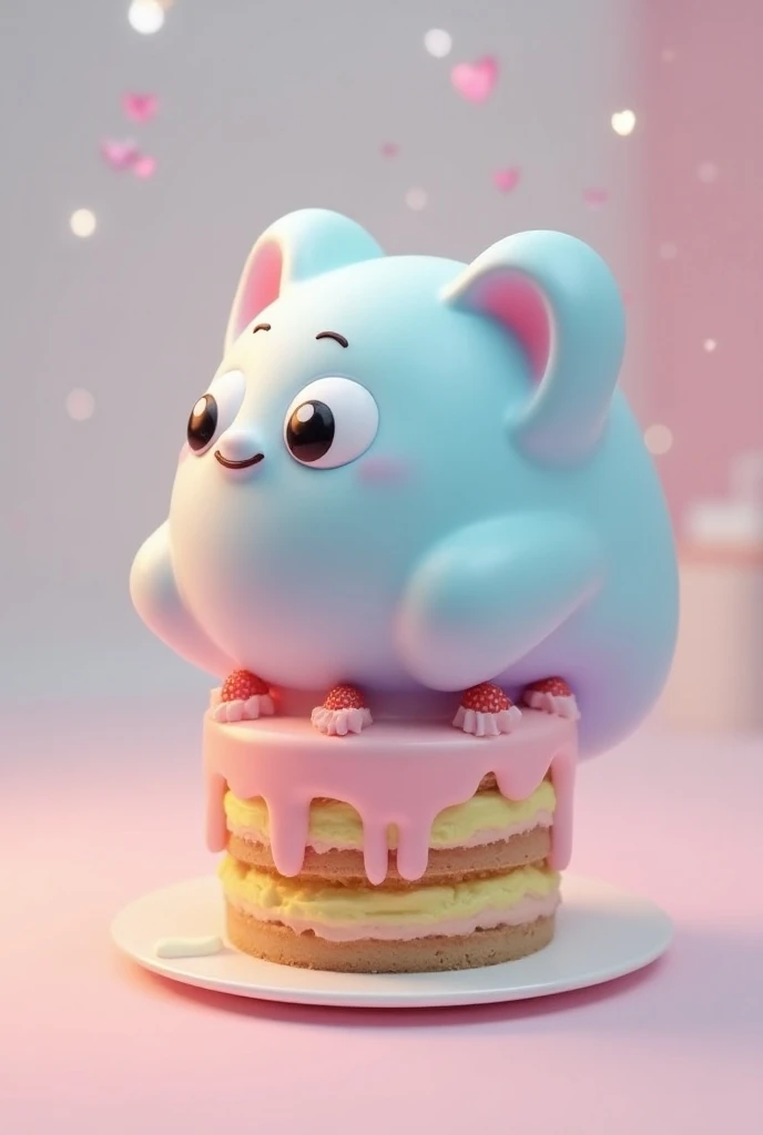 A slime with round eyes without a mouth eating a cake 