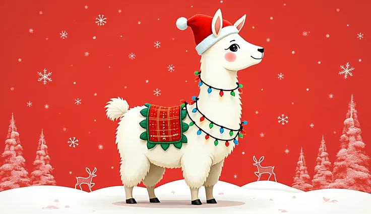 A whimsical illustration of a llama adorned with colorful Christmas lights and wearing a red Santa hat. The llama is set against a festive red background featuring white holiday-themed patterns, including snowflakes, gifts, and reindeer. The llamas body is...