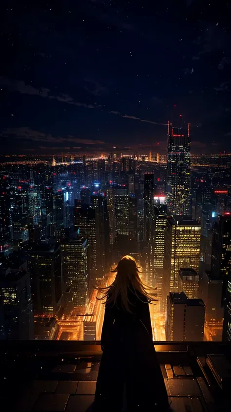 １people々,Blonde long hair woman，Long coat，   dress silhouette，  Back posture ，   anime style , Take in the night view of the city from the rooftop，