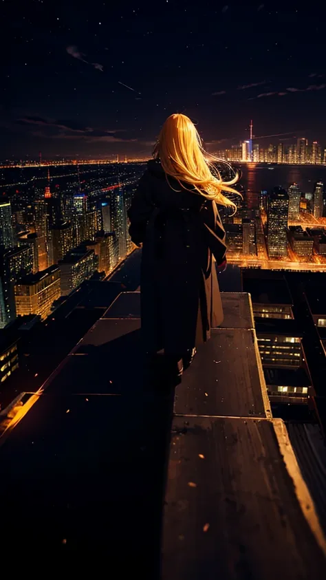 １people々,Blonde long hair woman，Long coat，   dress silhouette，  Back posture ，   anime style , Take in the night view of the city from the rooftop，