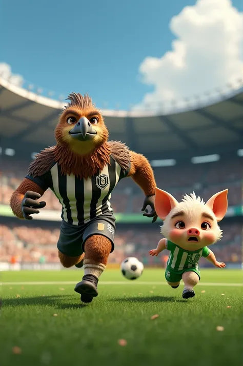  A soccer field in 3D style with two anthropomorphized characters ,  representing Brazilian soccer teams . Left, a muscular Hawkeye character with brown feathers,  a determined and uniform striped expression black and white with the name Corinthians and th...