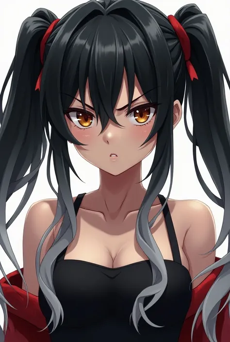 
 1 girl, Long Hair, Black and white hair,  Twin Tails, chest,  is angry,  simple background ,  anime style, 