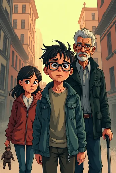 Cover of a book that talks about a poor  Jewish boy who wears glasses who lives in a Nazi city in the Second World War with a six-year-old girl and an old man in a cartoon 