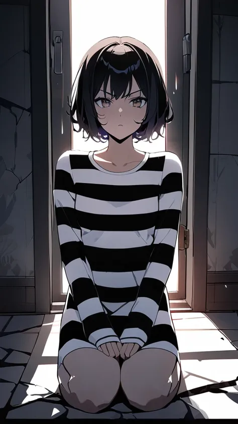 1 girl, (Stern expression),  Short Hair,  Medium Body ,  striped prisoner uniform , Small breasts,  Tense Posture, 陶器のような肌
break, Hard Light , (Cold Shadow :1.3),  Contrasting Light and Dark ,  Strict Atmosphere , break, Small cell, Barred Window, Dimly li...