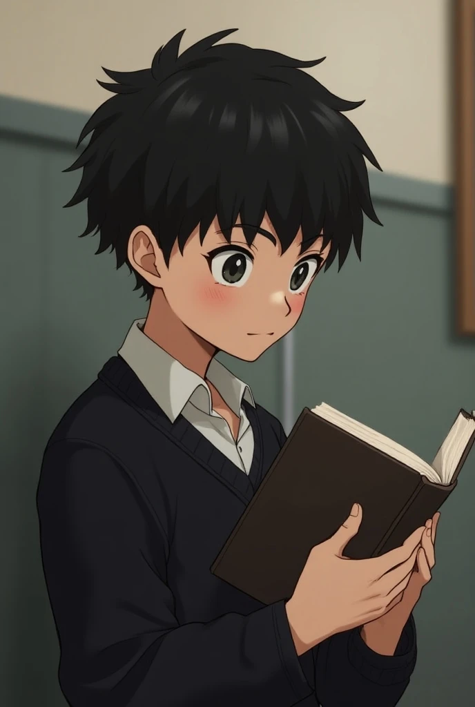  A short-haired boy with curly hair wears a black gakuran and opens up a textbook with a shy expression.The skin color is apricot. .