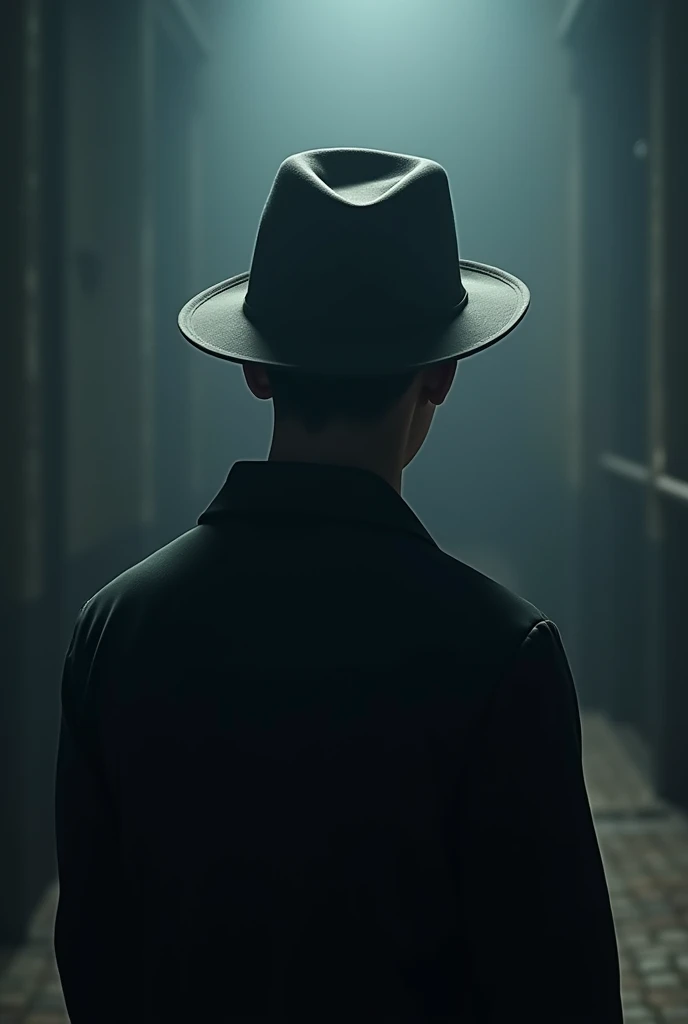 a man wearing a hat, 25 years old, back view, detailed facial features, cinematic lighting, dramatic atmosphere, realistic 3D render, 8k, photorealistic, concept art