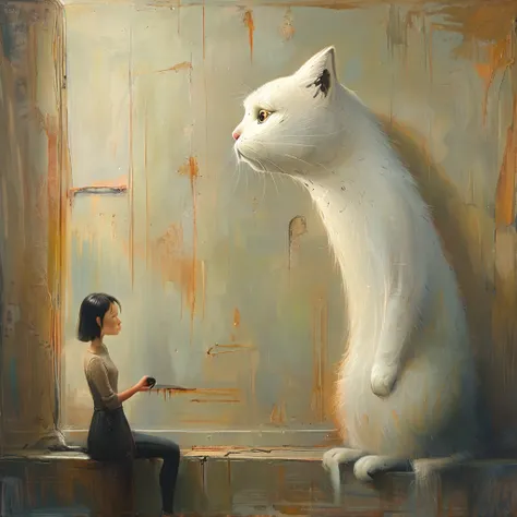 A young woman stroking the fur of her huge cat with long neck, long and slender paws, oval head, realistic, photorealistic, 8k, highly detailed, masterpiece, oil painting, chiaroscuro lighting, warm color palette, muted tones, whimsical, surreal, imaginati...