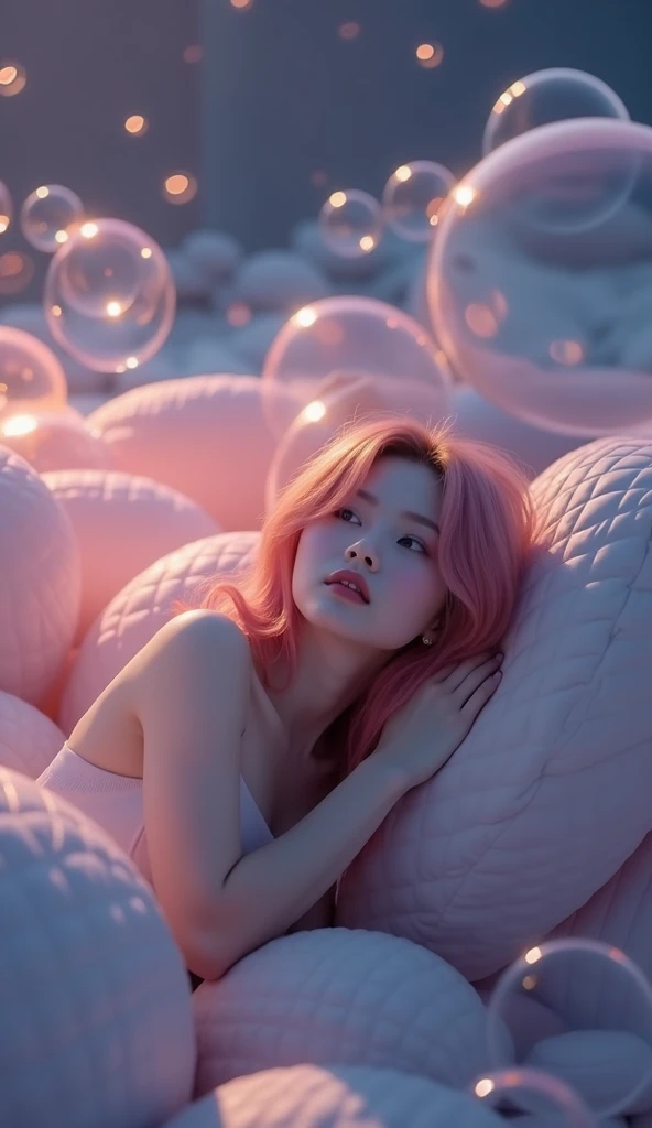 pink， beautiful Korean woman ，Lovely beautiful woman，transparent bubble，cute beautiful woman猫耳, Big breasts(d), Shining Effect, Movie, Movie Photography,  surrealistic , masterpiece, Award-winning,  Ultra HD, 