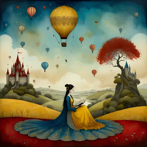 A whimsical watercolor painting by Andy Kehoe and Tracy Grimwood, Catrin Welz-Stein. An elegant woman, in a long mustard yellow dress decorated with intricate blue patterns, reads a book lying on a red blanket with circular geometric textures. Background a...