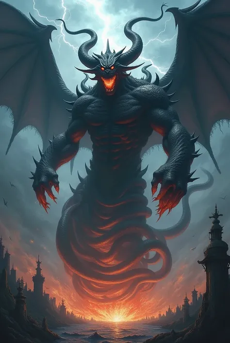 Typhoon is portrayed as a gigantic monstrosity with 100 fire-breathing serpent heads around its shoulders, with dark wings on its back, like those of a demon, and large. Its red eyes shine brightly and its body covered with dark scales reflects its ferocio...