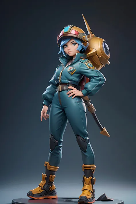 Q version of League of Legends Vi figure, wearing pilot suit and helmet, standing with one hand on hip and legs spread apart, full length view,