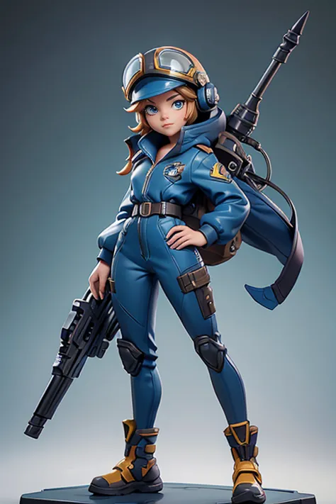 Q version of League of Legends Vi figure, wearing pilot suit and helmet, standing with one hand on hip and legs spread apart, full length view,