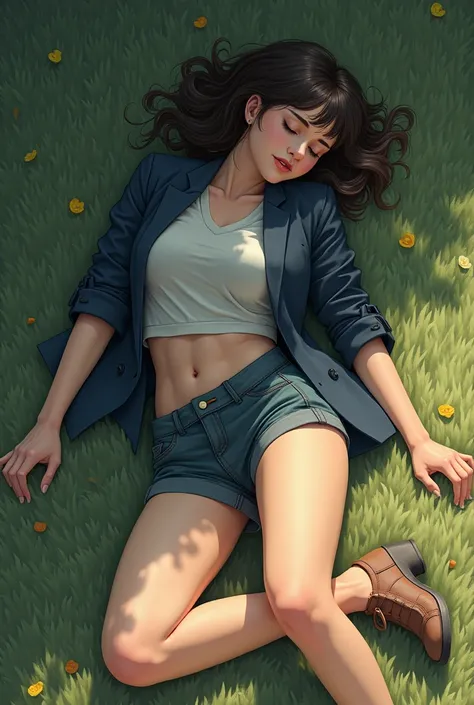 A realistic woman sleeping outside floor in shoes and short suit 