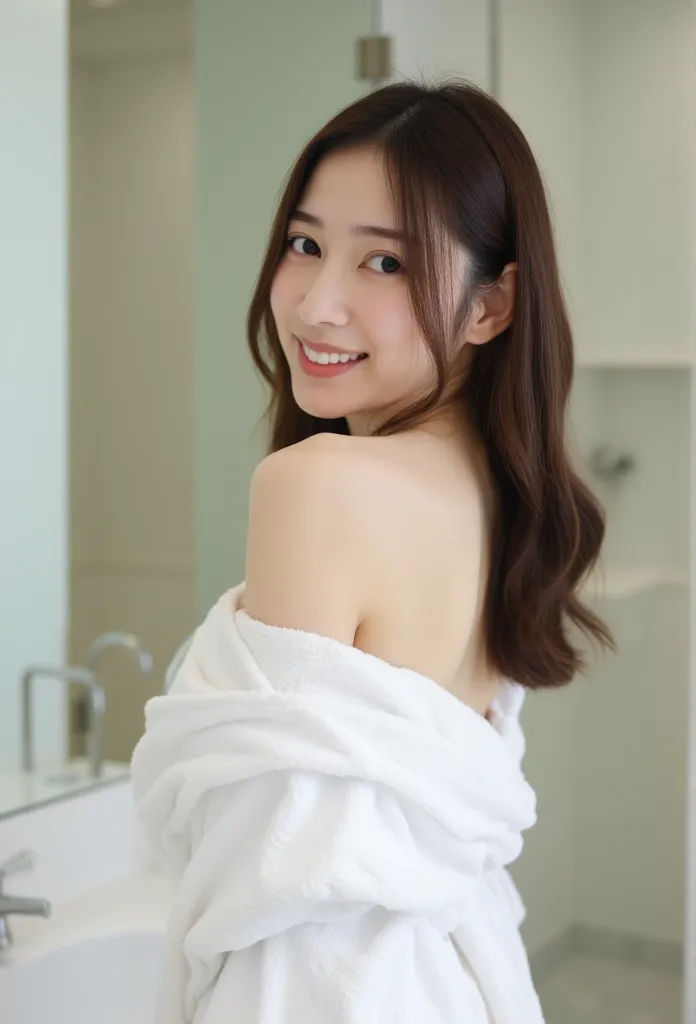 a asian woman, removing bathrobe in a bathroom. viewed from behind. her back is beautifully clear. she is turning back and smili...