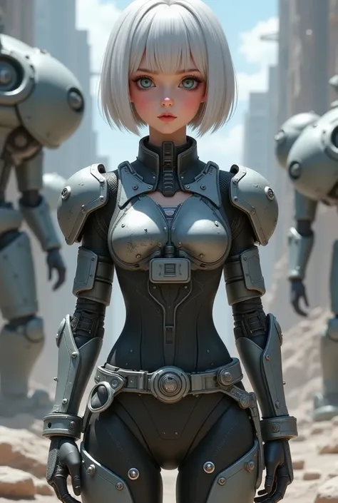 1 girl，white short hair，straight bangs，mechwarrior