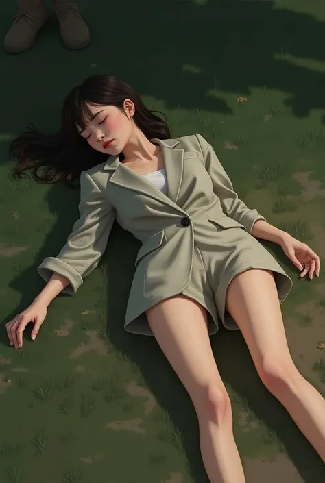 A realistic woman sleeping outside floor in shoes and short suit 