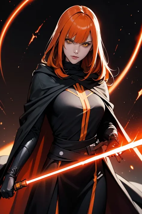 young woman, White race , sith,  long orange hair , yellow eyes, dark villain costume in black with black cape,  she is holding a red light sabre in her hand, she is posing,  slender and half thin body . (Star Wars). ( Single red light sabre in a single ha...