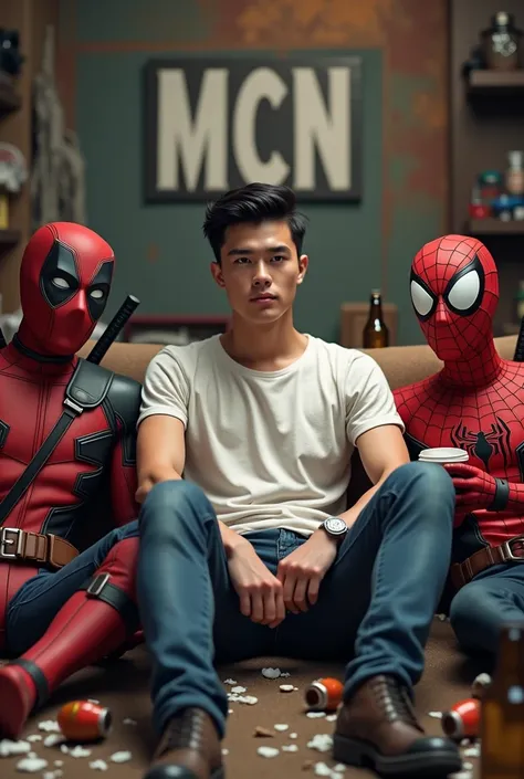 (photorealism:1.2), "A handsome young man with a firm jaw and neatly combed short black hair, wearing a loose white T-shirt and jeans, sat between Deadpool and Spider-Man in a cluttered room. Deadpool sat leaning back casually and holding a coffee cup in h...