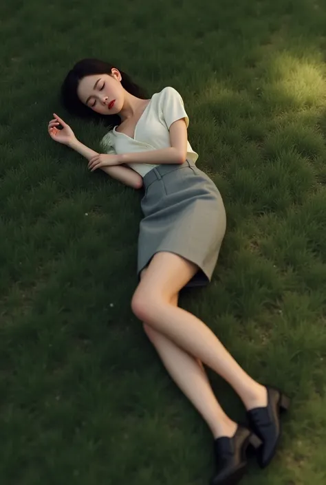 A realistic woman sleeping outside floor in shoes and short suit skirt 