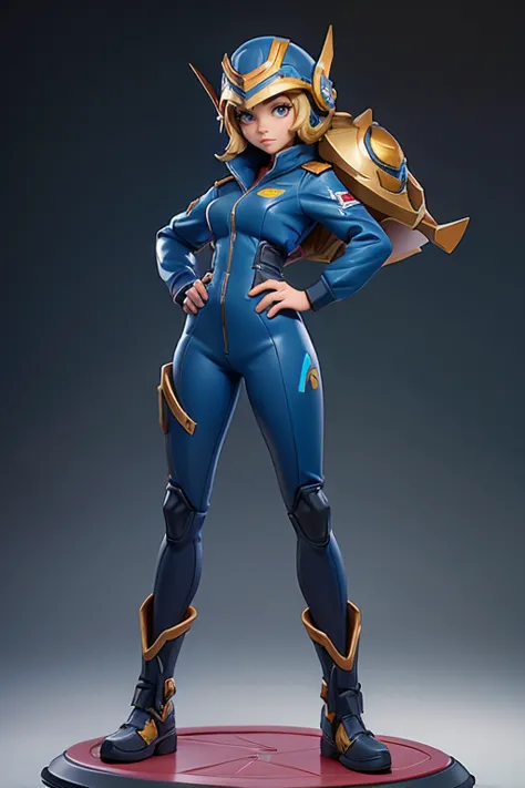 Q version of League of Legends Vi figure, wearing tight pilot's suit and helmet, standing with one hand on hip and legs spread apart, full length view,