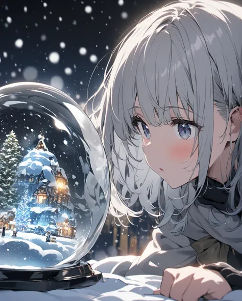  one gray-haired girl looking at the snow globe、 Medium Hair 、Pick up a snow globe、Staring