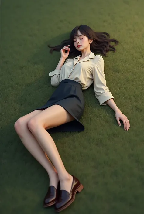 A realistic woman sleeping outside floor in shoes and short suit skirt 