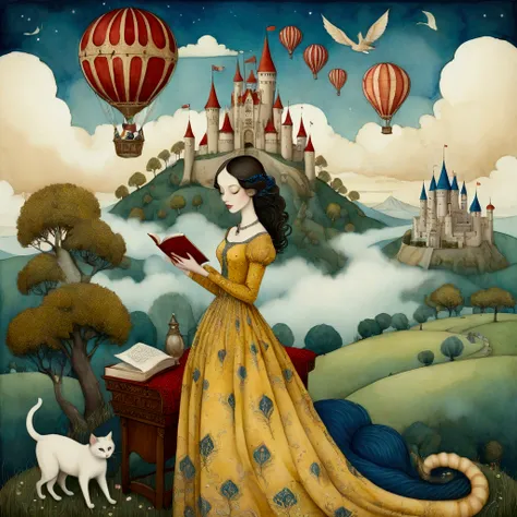 A whimsical watercolor painting by kelly vivanco, Edmund Dulac, Catrin Welz-Stein. An elegant woman, in a long mustard yellow dress decorated with intricate blue patterns, reads a book lying on a red blanket with circular geometric textures, next to her st...