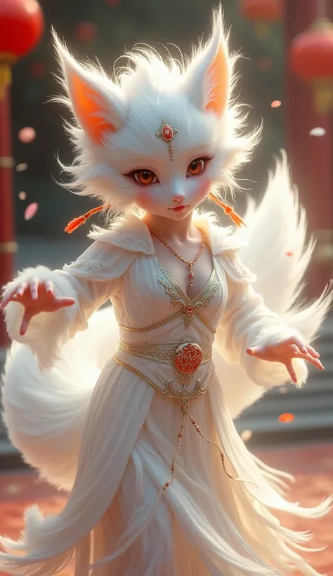 Traditional Chinese Culture, 1 person, White fox, Fox Fairy, characteristic, Exquisite and beautiful face, Wearing a white lion&#39;s head, Dancing with her hands, Festive